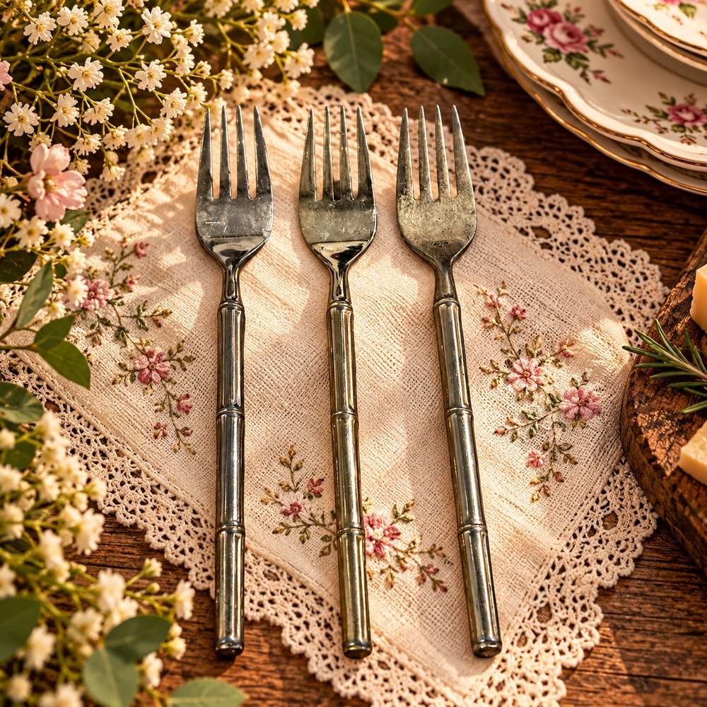 Stanley Roberts Faux Bamboo Stainless Steel Forks Japan Vintage Set of 3